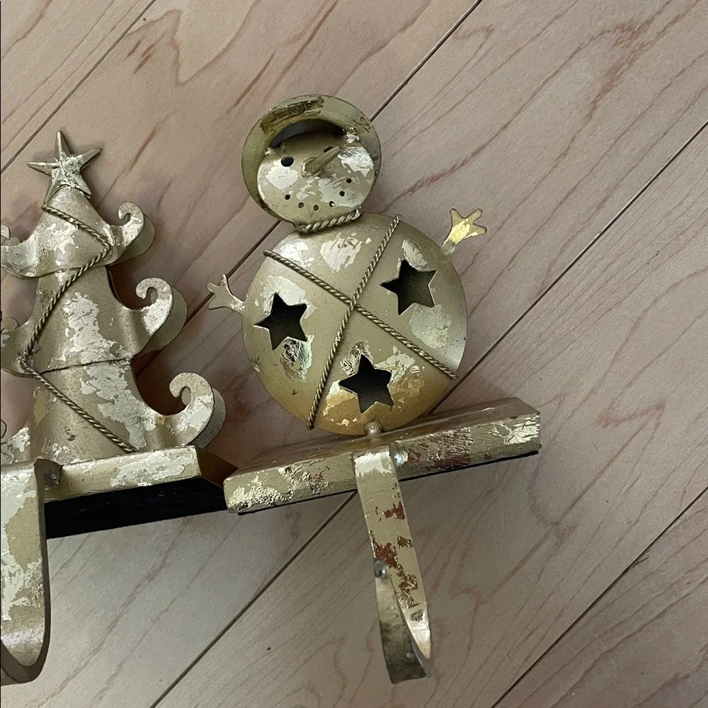 Pier 1 Gold Christmas Tree and Snowman Stocking Holders